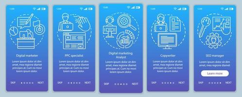 Digital marketing specialties blue onboarding mobile app page screen with linear concepts.Copywriter, SEO manager walkthrough steps graphic instructions. UX, UI, GUI vector template with illustrations