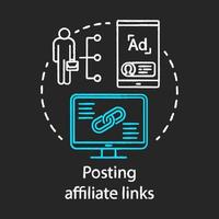 Posting affiliate links chalk concept icon. Affiliate, referral marketing idea. Product promotion and recommendation. Content sharing, influencer advertising. Vector isolated chalkboard illustration