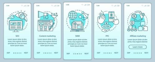 Digital marketing tactics turquoise onboarding mobile app page screen vector template. SEO, SMM, PPC walkthrough website steps with linear illustrations. UX, UI, GUI smartphone interface concept