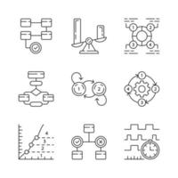 diagrama conceptos conjunto de iconos lineales. visualización de flujo de datos y procesos. representación simbólica de la información. símbolos de contorno de línea delgada. ilustraciones aisladas de contorno vectorial. trazo editable vector