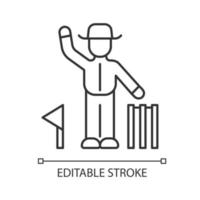 Cricket judge linear icon. Umpire signals decision. Arbitrator follow game. Man in uniform, flag and wicket. Thin line illustration. Contour symbol. Vector isolated outline drawing. Editable stroke