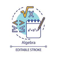 Algebra concept icon. Algebraic equations, more and less sign. Advanced calculations, learning advanced algebra idea thin line illustration. Vector isolated outline drawing. Editable stroke