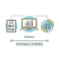 icono de concepto de estudios estadísticos. visualización de datos, infografías. métricas, análisis. información, gráficos en aumento idea ilustración de línea delgada. dibujo de contorno aislado vectorial. trazo editable vector