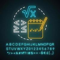 Algebra neon light concept icon. Advanced calculations, learning algebra idea. Algebraic equations, more and less sign. Glowing sign with alphabet, numbers and symbols. Vector isolated illustration