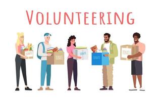 Volunteering and donations vector banner template. Cheerful people donating toys for children cartoon characters. Young volunteers holding boxes with grocery products. Charity organization members