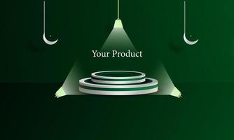 green Islamic pattern and ornament background with 3d podium and 3d Islamic ornament in grey, for store product photos, and others, vector design eps 10