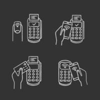 NFC payment chalk icons set. Pay with smartphone, credit card, POS terminal, NFC manicure. Isolated vector chalkboard illustrations