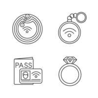 NFC technology linear icons set. Near field chip, trinket, identification system, ring. Thin line contour symbols. Isolated vector outline illustrations. Editable stroke