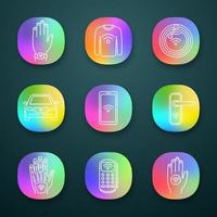 NFC technology app icons set. Near field bracelet, clothes, chip, car, smartphone, door lock, hand implant, POS terminal, sticker. UI UX user interface. Vector isolated illustrations