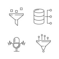 conjunto de iconos lineales de aprendizaje automático. filtrado de datos, base de datos relacional, reconocimiento de voz, estadísticas. símbolos de contorno de línea delgada. ilustraciones aisladas de contorno vectorial. trazo editable vector