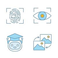 Machine learning color icons set. Fingerprint scanning, iris recognition, teacher bot, data transforming. Isolated vector illustrations