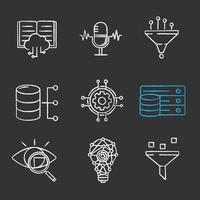 Machine learning chalk icons set. Artificial intelligence. Database. AI. Digital technology. Isolated vector chalkboard illustrations