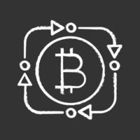 Bitcoin exchange chalk icon. Digital currency transaction. Circle arrows with bitcoin inside. Refund cryptocurrency contour symbol. Fintech and big data. Isolated vector chalkboard illustration