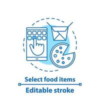 Select food items concept icon. Food delivery service idea thin line illustration. Online meal ordering. Vector isolated outline drawing. Editable stroke