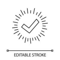 Checkmark linear icon. Successfully tested. Tick mark. Thin line illustration. Quality assurance. Approved. Verification and validation. Quality badge. Vector isolated outline drawing. Editable stroke