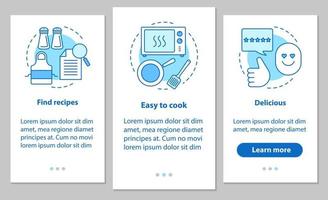 pantalla de la página de la aplicación móvil de incorporación de cocina de alimentos con conceptos lineales. encuentre recetas, preparación de comidas, deliciosos pasos de platos, instrucciones gráficas. ux, ui, plantilla vectorial gui con ilustraciones vector