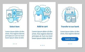 Online shopping onboarding mobile app page screen with linear concepts. Digital purchase steps instructions. Select items, add to cart, make payment. UX, UI, GUI vector template with illustrations