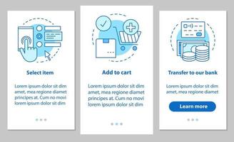 pantalla de página de la aplicación móvil de incorporación de compras en línea con conceptos lineales. instrucciones de pasos de compra digital. seleccione artículos, agregue al carrito, realice el pago. ux, ui, plantilla vectorial gui con ilustraciones vector