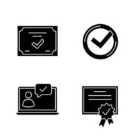 Approve glyph icons set. Verification and validation. Chat approved, certificate, check mark. Silhouette symbols. Vector isolated illustration