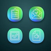 Approve app icons set. Verification and validation. Task planning, email confirmation, checkbox, approval document. UI UX user interface. Web or mobile applications. Vector isolated illustrations