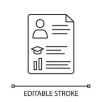 Resume linear icon. CV. Thin line illustration. Curriculum vitae. Personal information. Contour symbol. Vector isolated outline drawing. Editable stroke