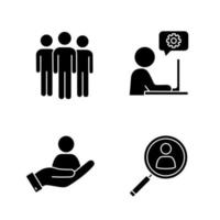 Business management glyph icons set. Team, technical support, staff searching, HR management. Silhouette symbols. Vector isolated illustration