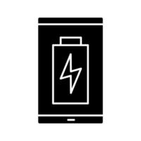 Smartphone battery charging glyph icon. Mobile phone battery level indicator. Silhouette symbol. Negative space. Vector isolated illustration