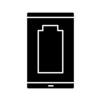 Discharged smartphone glyph icon. Mobile phone low battery. Empty battery level indicator. Silhouette symbol. Negative space. Vector isolated illustration