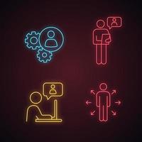 Business management neon light icons set. Teamwork, online job interview, chatting, decision management. Glowing signs. Vector isolated illustrations