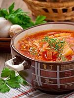 Ukrainian and russian national red soup borsch closeup photo