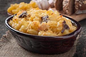 Macaroni with cheese, chicken and mushrooms baked in the oven photo