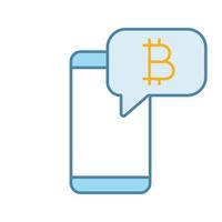 Bitcoin chat color icon. Cryptocurrency forum. Smartphone with bitcoin sign inside speech bubble. Crypto currency news notification. Isolated vector illustration