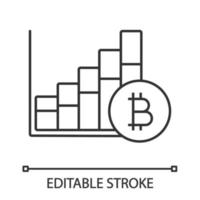 Bitcoin market growth chart linear icon. Cryptocurrency prices rising. Contour symbol. Statistics diagram with bitcoin sign. Thin line illustration. Vector isolated outline drawing. Editable stroke