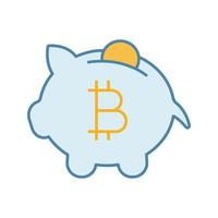 Bitcoin deposit color icon. Penny piggy bank with bitcoin. Cryptocurrency mining. Saving digital money. Isolated vector illustration