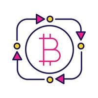 Bitcoin exchange color icon. Digital currency transaction. Circle arrows with bitcoin inside. Refund cryptocurrency contour symbol. Fintech and big data. Isolated vector illustration