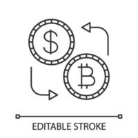 Bitcoin and dollar currency exchange linear icon. Cryptocurrency. Thin line illustration. Refund. Contour symbol. Vector isolated outline drawing. Editable stroke