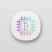 CPU mining app icon. Cryptocurrency mining hardware. Bitcoin sign inside microchip. UI UX user interface. Digital money. Web or mobile application. Vector isolated illustration