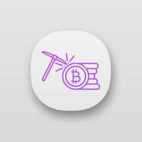 Cryptocurrency mining service app icon. UI UX user interface. Bitcoin crypto mining. Cryptocurrency business. Bitcoin coins stack with pickaxe. Web or mobile application. Vector isolated illustration