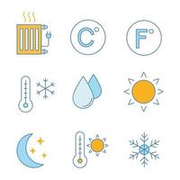 conjunto de iconos de color de aire acondicionado. radiador eléctrico, celsius, fahrenheit, invierno, humidificación, sol, modo noche, temperatura de verano, copo de nieve. ilustraciones de vectores aislados