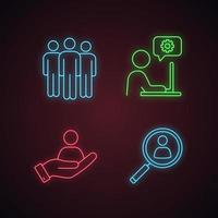 Business management neon light icons set. Team, technical support, staff searching, HR management. Glowing signs. Vector isolated illustrations