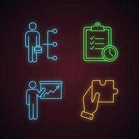 Business management neon light icons set. Employee skills, time management, presentation, finding solution. Glowing signs. Vector isolated illustrations