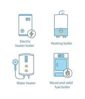 Heating color icons set. Electric boiler, gas and electric tankless water heater, solid fuel boiler. Isolated vector illustrations