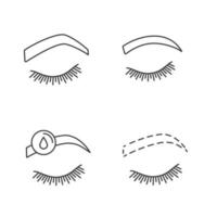 Eyebrows shaping linear icons set. Steep arched and rounded eyebrows, makeup removal, brows contouring. Thin line contour symbols. Isolated vector outline illustrations. Editable stroke