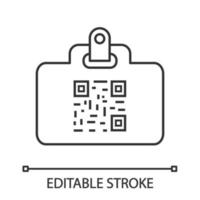 icono lineal de la tarjeta de identificación del código qr. tarjeta de identificación con código de barras de matriz. ilustración de línea delgada. tarjeta de identificación con código 2d. datos de códigos de barras bidimensionales. dibujo de contorno aislado vectorial. trazo editable vector