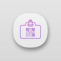 QR code identification card app icon. Name badge with matrix barcode. ID card with 2D code. Two dimensional barcode data. UI UX user interface. Web or mobile application. Vector isolated illustration