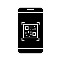 QR code scanning smartphone app glyph icon. Matrix barcode scanner. 2D code mobile phone reader. Silhouette symbol. Negative space. Vector isolated illustration