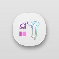 Barcode, QR code scanner app icon. Wifi linear and matrix barcodes handheld reader. QR codes and traditional barcodes reading. Store, shop, supermarket. UI UX interface. Vector isolated illustration