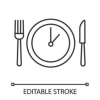 Lunch time linear icon. Dinner break. Thin line illustration. Afternoon business meeting. Business lunch. Table knife, fork and plate with clock. Vector isolated outline drawing. Editable stroke