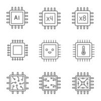 Processors linear icons set. AI chip, quad, octa core processors, integrated circuit, microprocessor temperature, smiling chip. Thin line symbols. Isolated vector illustrations. Editable stroke