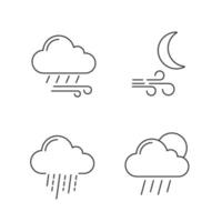 Weather forecast linear icons set. Windy rainy weather, wind at night, heavy rain, scattered shower. Thin line contour symbols. Isolated vector outline illustrations. Editable stroke